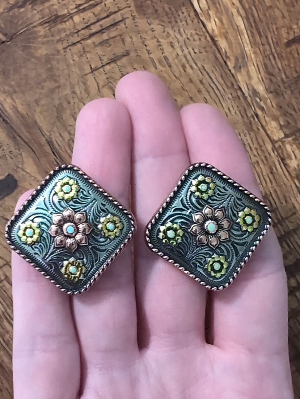 Western Concho Floral Square Earrings Tri-tone